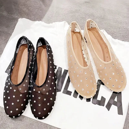 Womens Luxury Glitter Rhinestone Mesh Flats, Designer Summer Mules, Fashion Loafers & Elegant Breathable Ballet Shoes