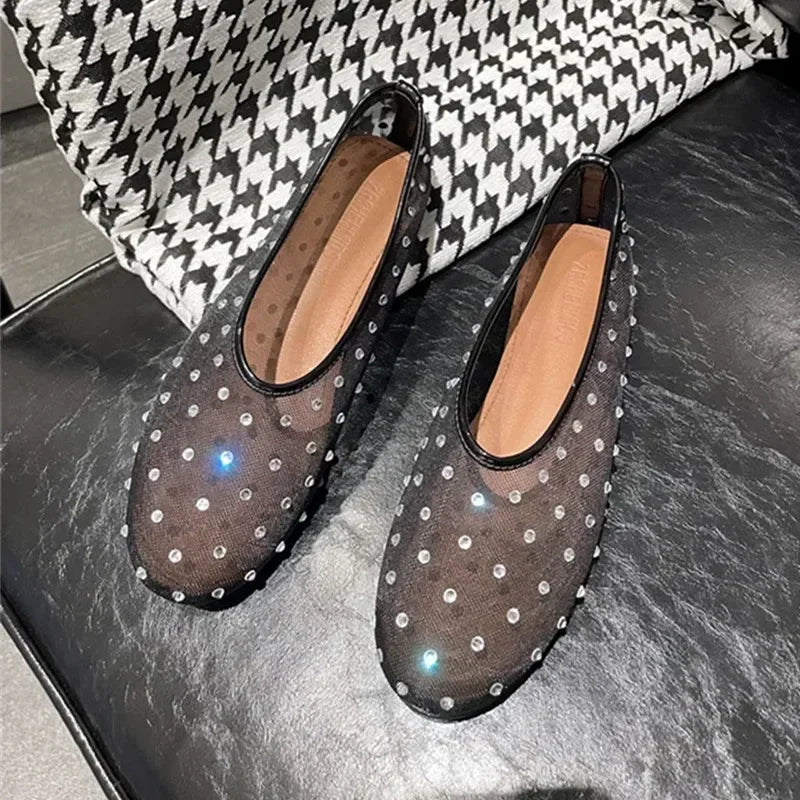 Womens Luxury Glitter Rhinestone Mesh Flats Designer Summer Mules Fashion Loafers  Elegant Breathab 4