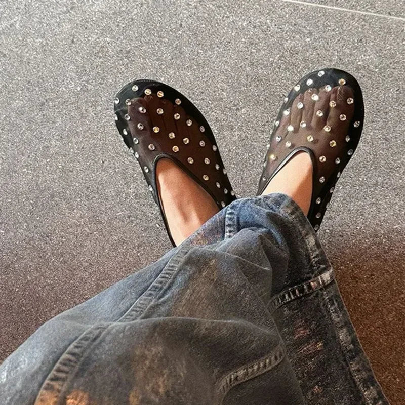 Womens Luxury Glitter Rhinestone Mesh Flats Designer Summer Mules Fashion Loafers  Elegant Breathab 2