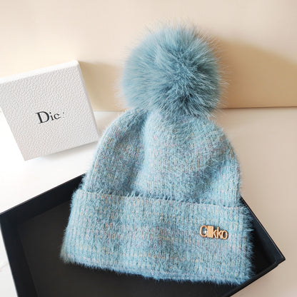 Autumn and Winter, Cllikko Gradient Knitted Hat, Imitation Mink Fur, Artificial Fox Fur Ball, Thickened Warm Design Cap.