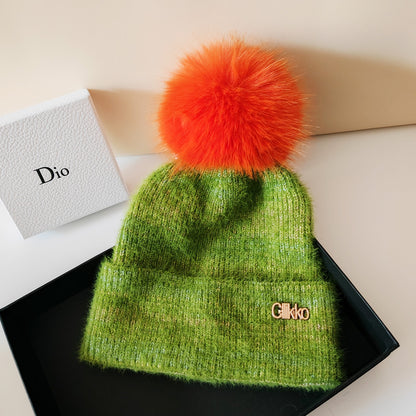 Autumn and Winter, Cllikko Gradient Knitted Hat, Imitation Mink Fur, Artificial Fox Fur Ball, Thickened Warm Design Cap.