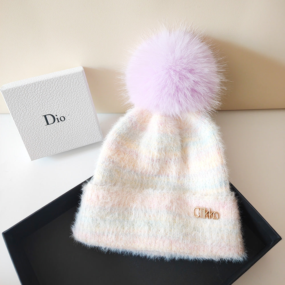 Autumn and Winter, Cllikko Gradient Knitted Hat, Imitation Mink Fur, Artificial Fox Fur Ball, Thickened Warm Design Cap.