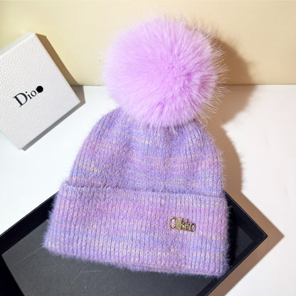 Autumn and Winter, Cllikko Gradient Knitted Hat, Imitation Mink Fur, Artificial Fox Fur Ball, Thickened Warm Design Cap.