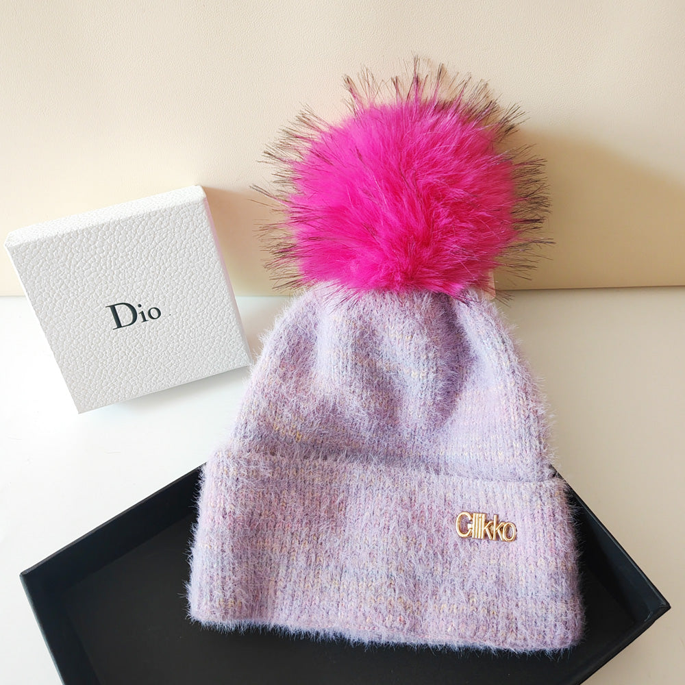 Autumn and Winter, Cllikko Gradient Knitted Hat, Imitation Mink Fur, Artificial Fox Fur Ball, Thickened Warm Design Cap.