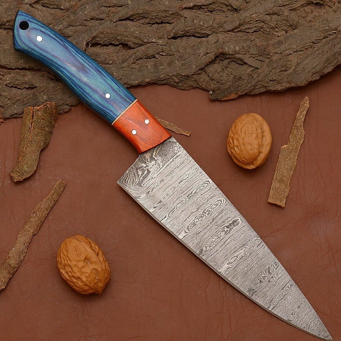 Authentic Damascus Steel Chef Knife  Hand Forged Kitchen  Outdoor Knife 2
