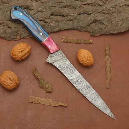 Luxury Handmade Damascus Chef Knife – Full Tang Blade with Leather Sheath