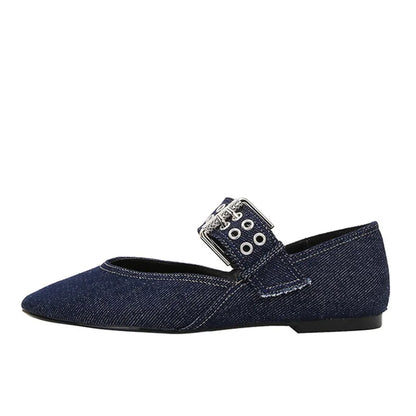 Womens Denim Blue Ballet Flats Lightweight Designer Mary Jane Shoes With Metal Buckle Strap Casual  1