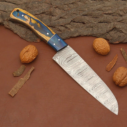 High-Quality Damascus Steel Kitchen Knife – Handcrafted Wooden Handle