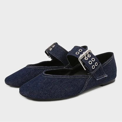 Womens Denim Blue Ballet Flats Lightweight Designer Mary Jane Shoes With Metal Buckle Strap Casual  4