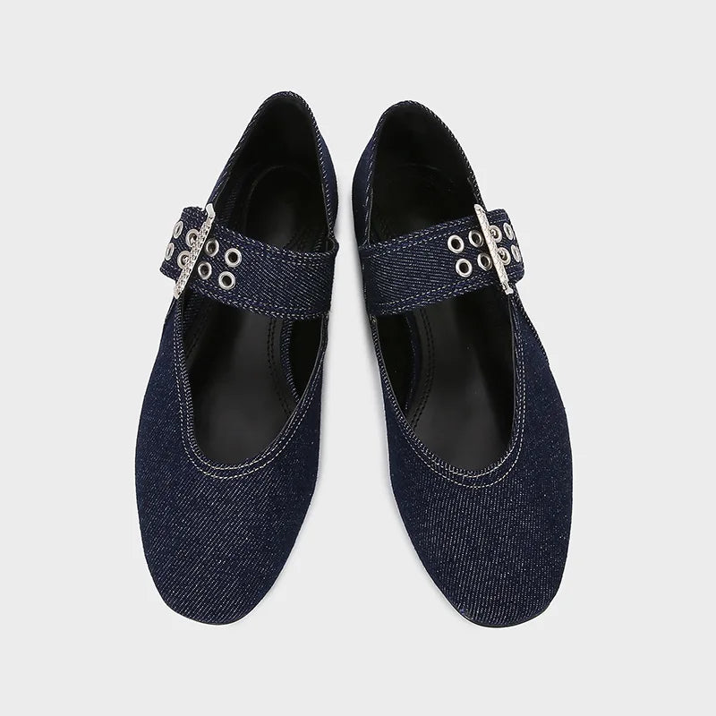 Womens Denim Blue Ballet Flats, Lightweight Designer Mary Jane Shoes with Metal Buckle Strap, Casual Fashion Flats