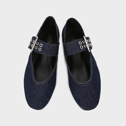 Womens Denim Blue Ballet Flats, Lightweight Designer Mary Jane Shoes with Metal Buckle Strap, Casual Fashion Flats