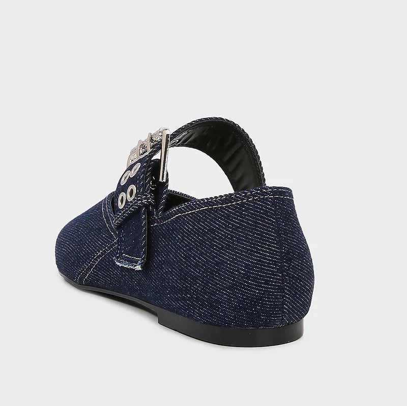 Womens Denim Blue Ballet Flats Lightweight Designer Mary Jane Shoes With Metal Buckle Strap Casual  2