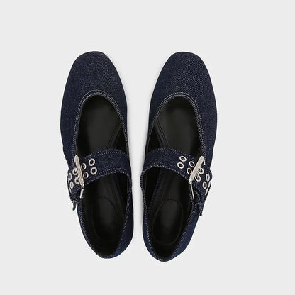 Womens Denim Blue Ballet Flats Lightweight Designer Mary Jane Shoes With Metal Buckle Strap Casual  5