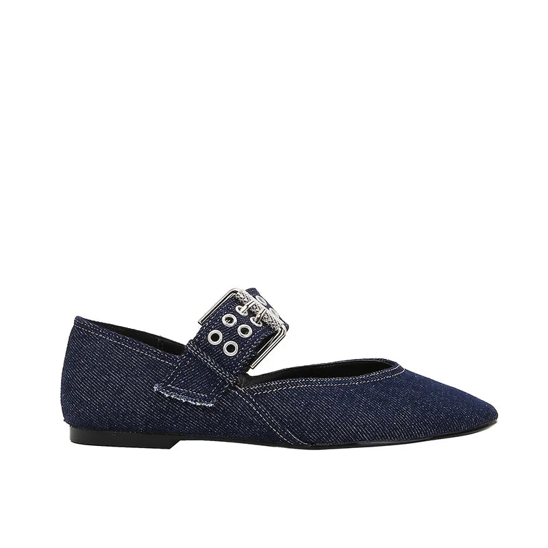 Womens Denim Blue Ballet Flats Lightweight Designer Mary Jane Shoes With Metal Buckle Strap Casual  3