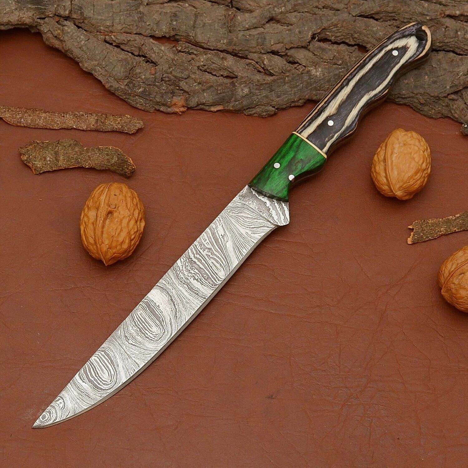 Heritage Series Handmade Damascus Steel Chef Knife  Wood Grip  Leather Sheath 1