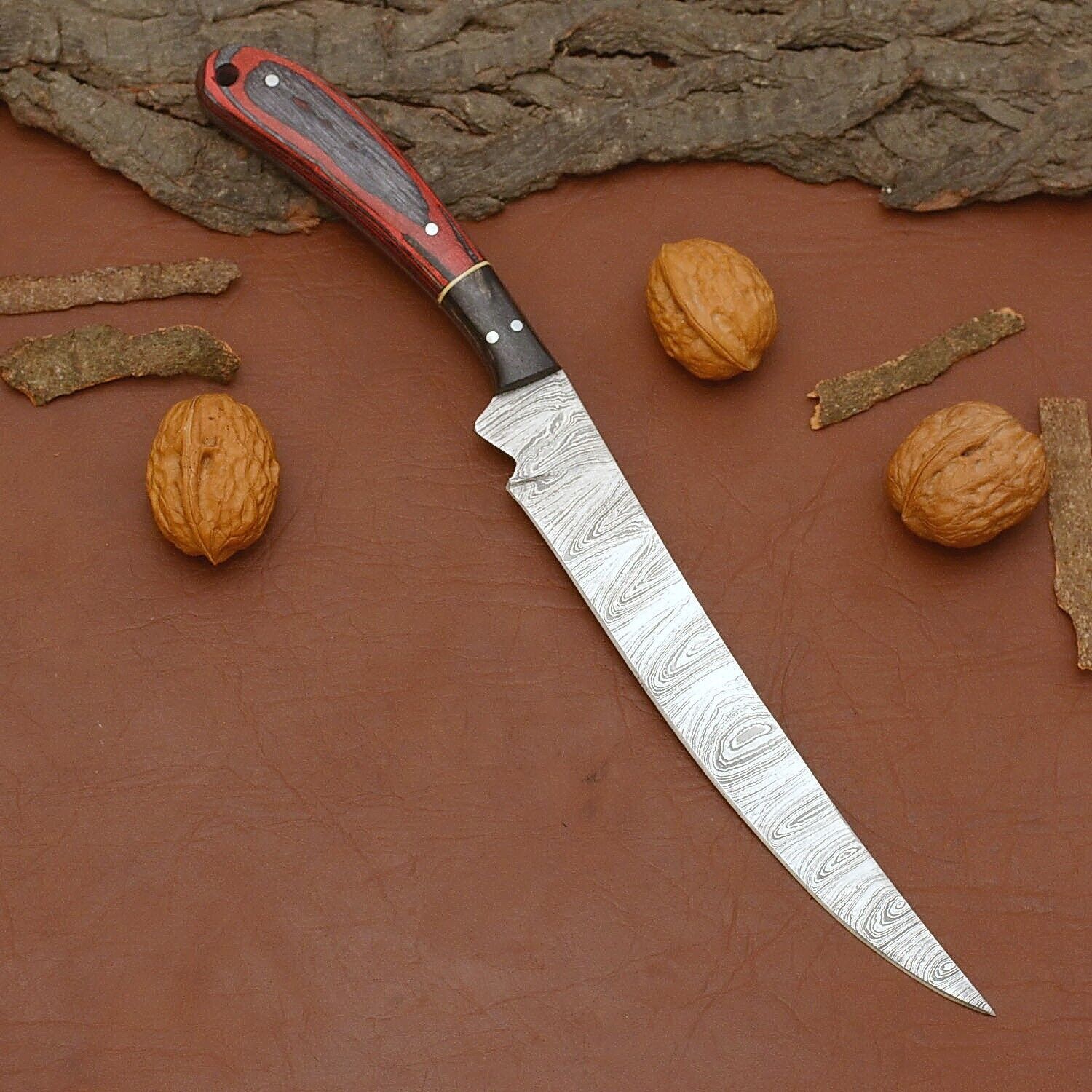 Custom Damascus Steel Culinary Knife  Hand Forged Blade With Leather Sheath 1
