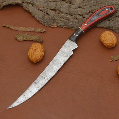 Custom Damascus Steel Culinary Knife – Hand Forged Blade with Leather Sheath