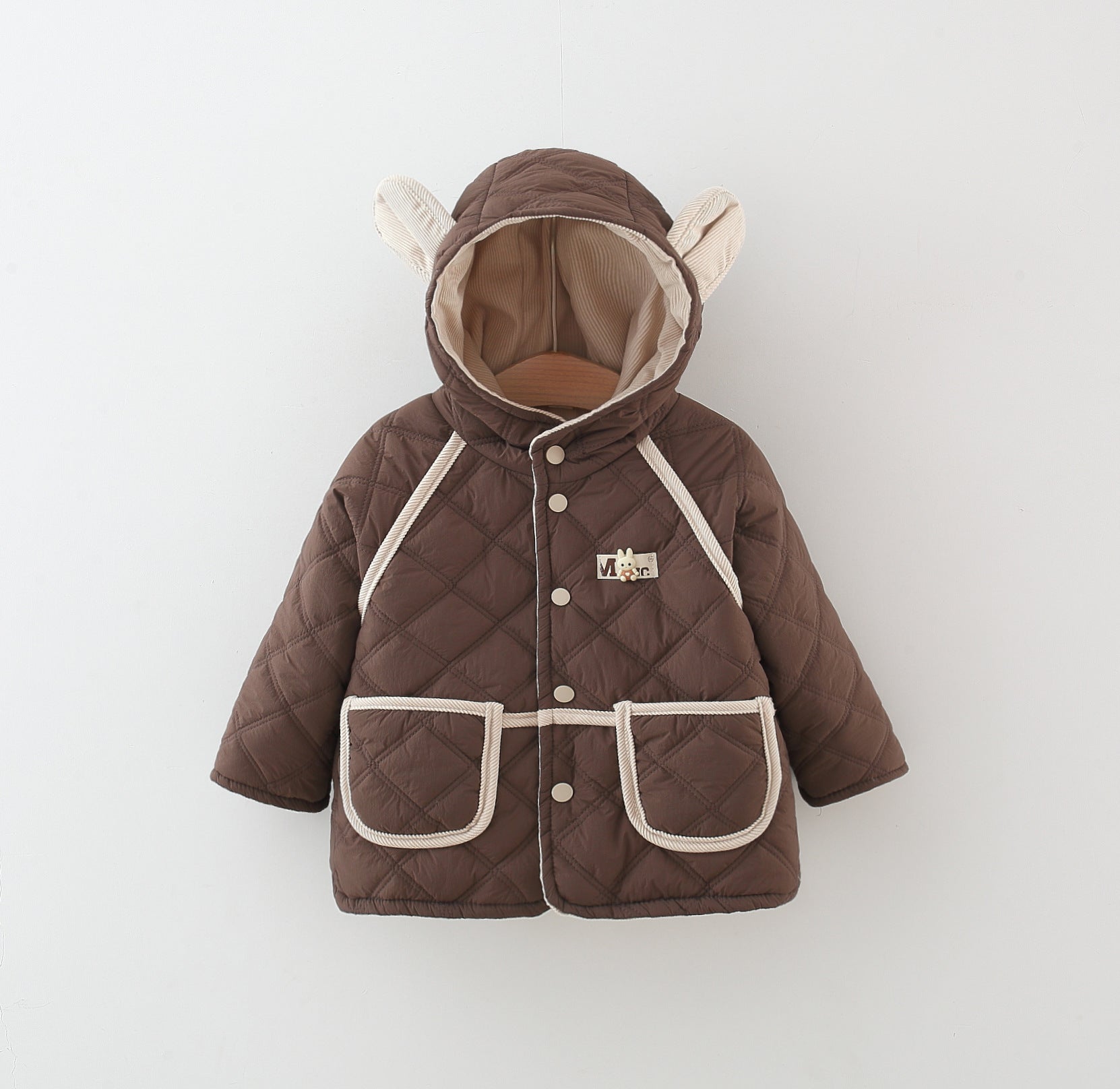 Winter Baby Girls Cotton Coat, Thick Rabbit Ear Hood, Diamond Grid Pattern, Two Pocket Jacket