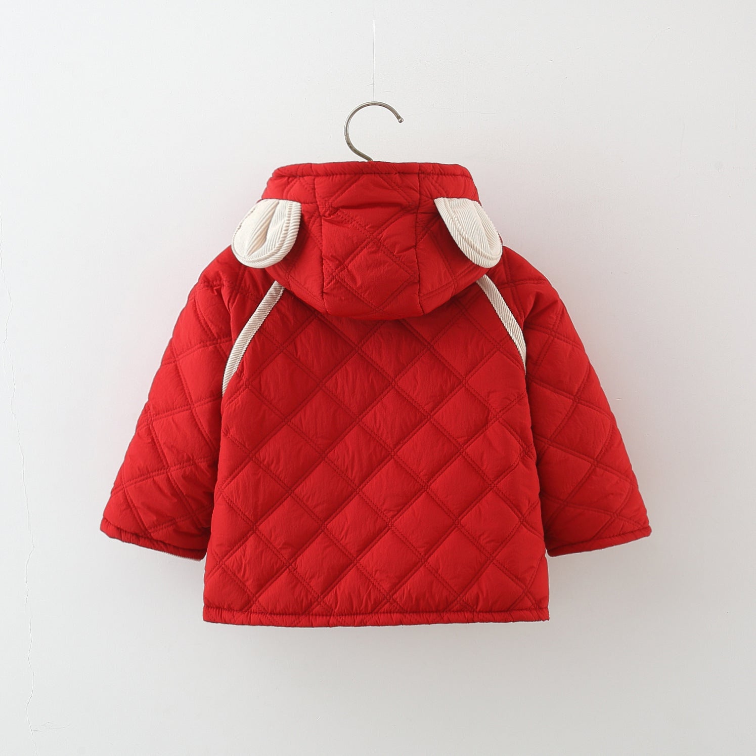 Winter Baby Girls Cotton Coat, Thick Rabbit Ear Hood, Diamond Grid Pattern, Two Pocket Jacket