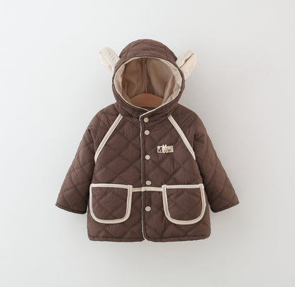 Winter Baby Girls Cotton Coat, Thick Rabbit Ear Hood, Diamond Grid Pattern, Two Pocket Jacket
