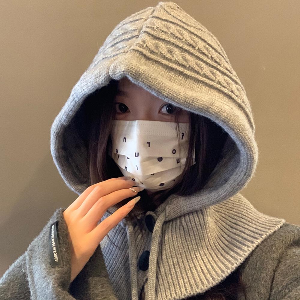 For Women Hooded Caps, New Knitted Balaclava Hats, Outdoor Winter Warmer, Drawstring Hat, One-Piece Neck Collar Cycling