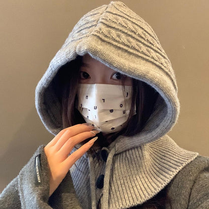 For Women Hooded Caps, New Knitted Balaclava Hats, Outdoor Winter Warmer, Drawstring Hat, One-Piece Neck Collar Cycling