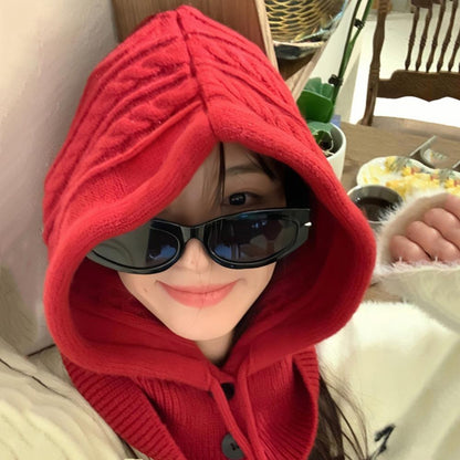 For Women Hooded Caps, New Knitted Balaclava Hats, Outdoor Winter Warmer, Drawstring Hat, One-Piece Neck Collar Cycling