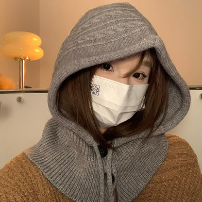 For Women Hooded Caps, New Knitted Balaclava Hats, Outdoor Winter Warmer, Drawstring Hat, One-Piece Neck Collar Cycling