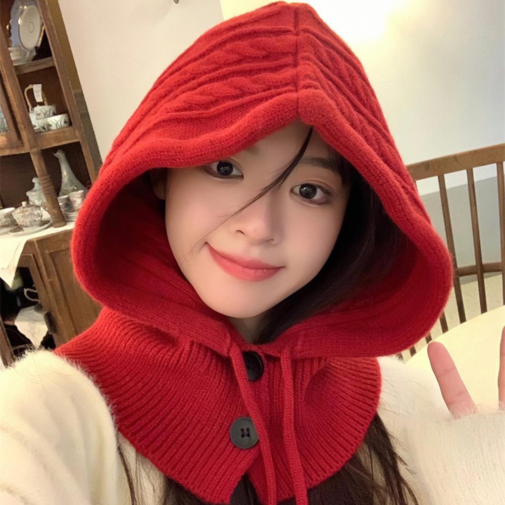 For Women Hooded Caps, New Knitted Balaclava Hats, Outdoor Winter Warmer, Drawstring Hat, One-Piece Neck Collar Cycling