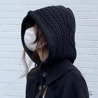 For Women Hooded Caps, New Knitted Balaclava Hats, Outdoor Winter Warmer, Drawstring Hat, One-Piece Neck Collar Cycling