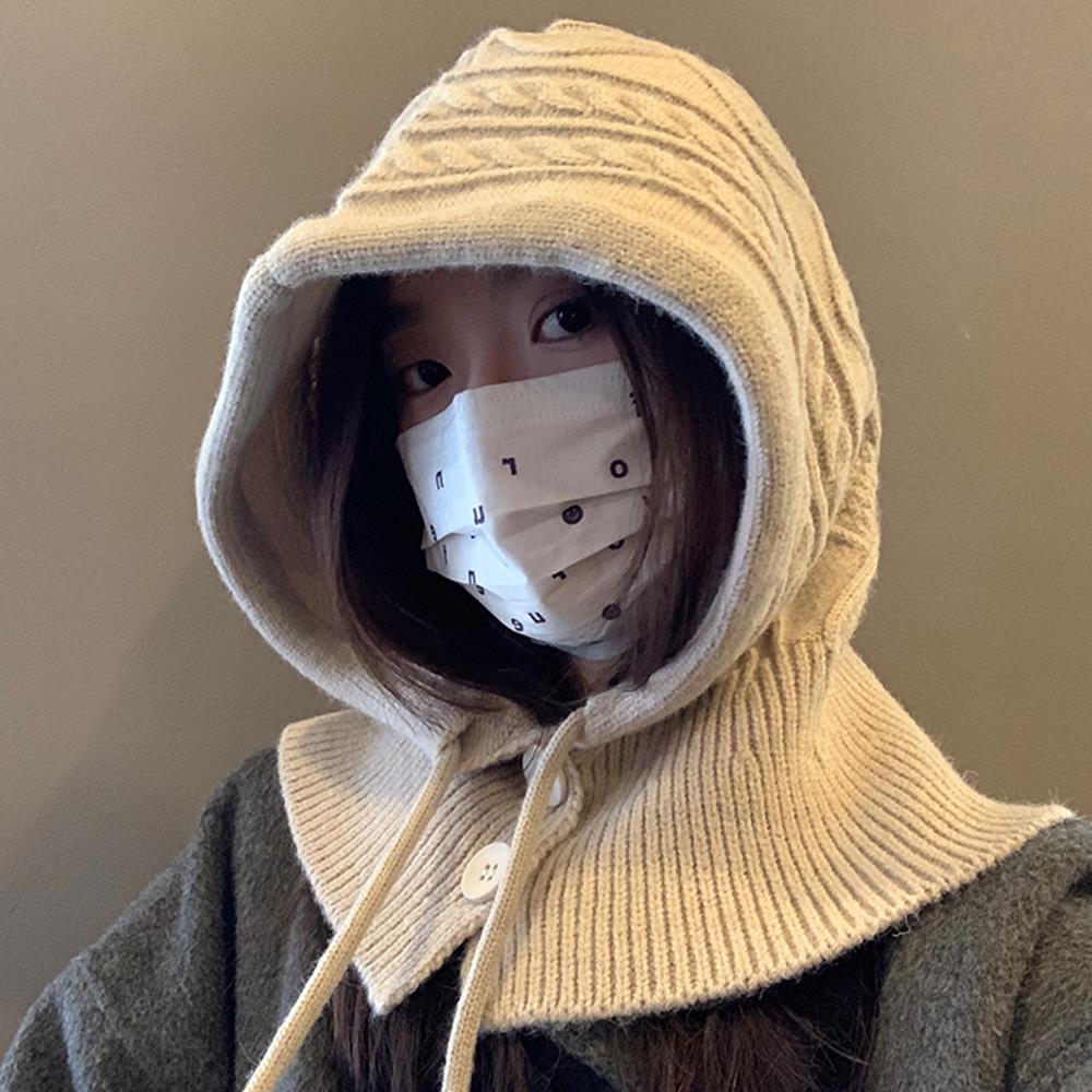 For Women Hooded Caps, New Knitted Balaclava Hats, Outdoor Winter Warmer, Drawstring Hat, One-Piece Neck Collar Cycling