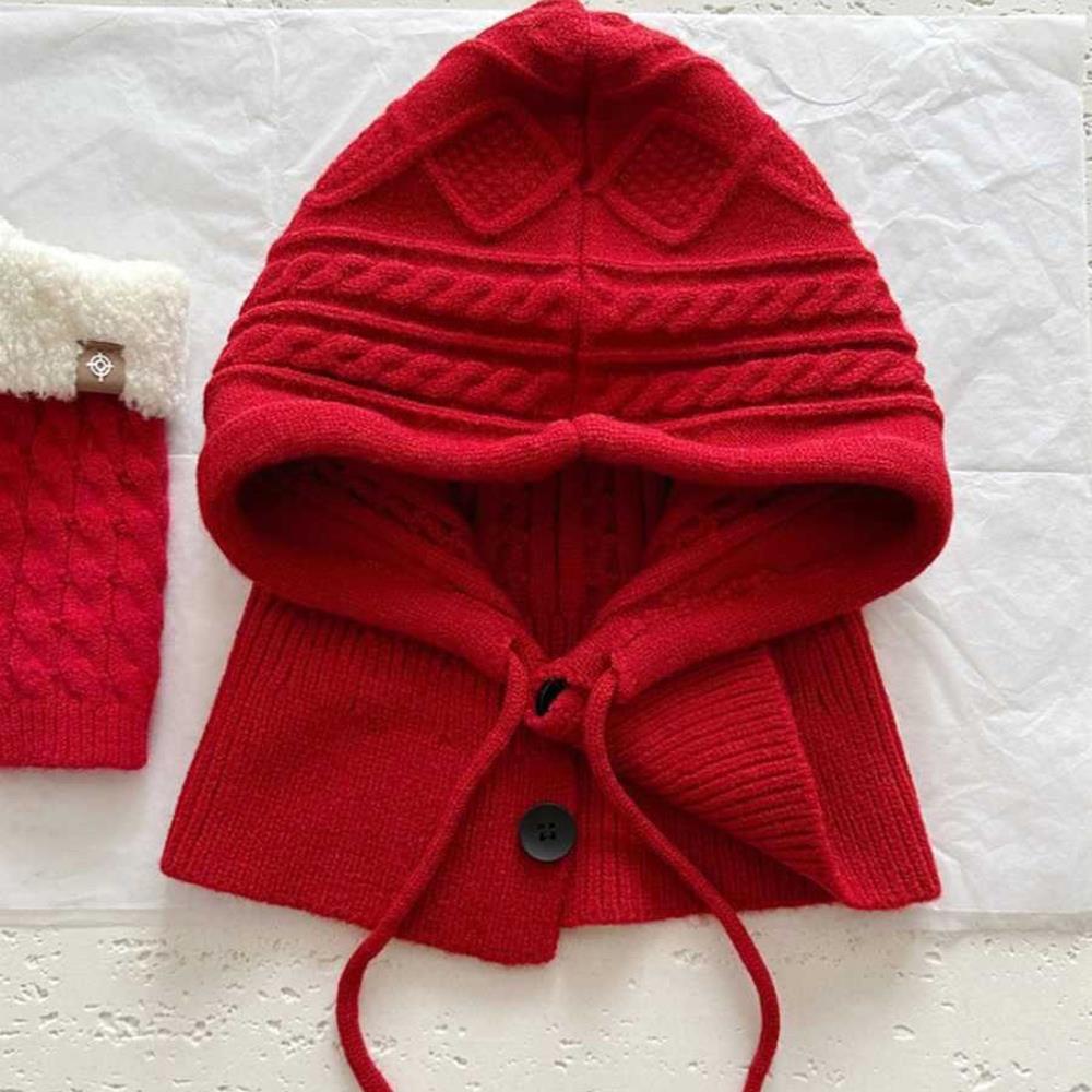 For Women Hooded Caps, New Knitted Balaclava Hats, Outdoor Winter Warmer, Drawstring Hat, One-Piece Neck Collar Cycling