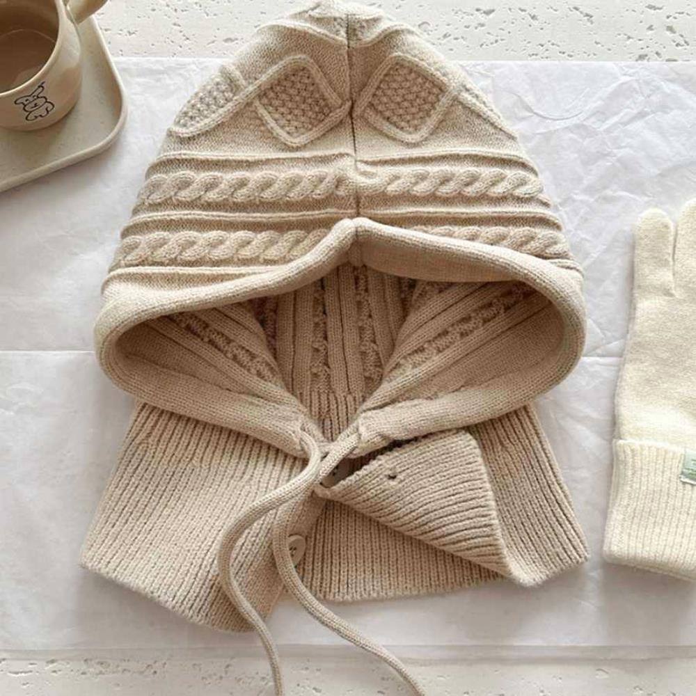 For Women Hooded Caps, New Knitted Balaclava Hats, Outdoor Winter Warmer, Drawstring Hat, One-Piece Neck Collar Cycling