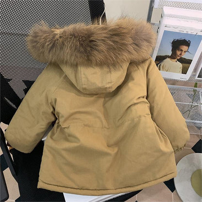 New Winter Girls Down Jacket, Fur Collar Hooded Coat, Warm Princess Outerwear for Christmas, Kids Clothes