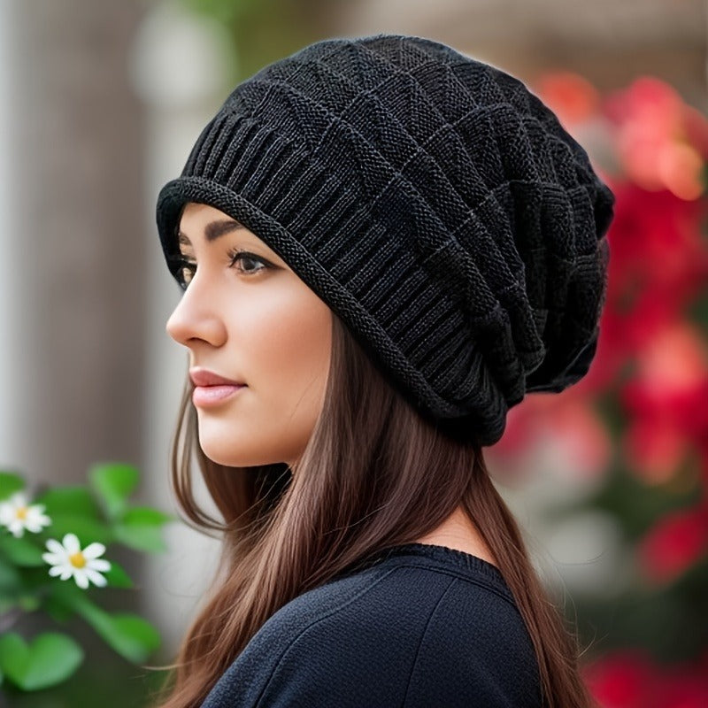 Fashionable Chunky Slouch Beanie for Women, Lightweight Autumn Cap with Elastic Ear Warmers, Hand Washable Cozy Knit Hat