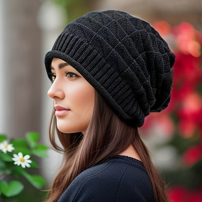 Fashionable Chunky Slouch Beanie for Women, Lightweight Autumn Cap with Elastic Ear Warmers, Hand Washable Cozy Knit Hat