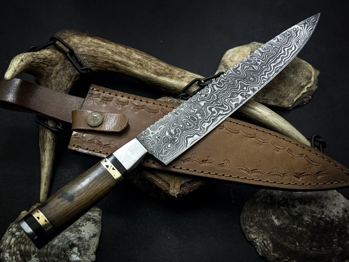 Handmade Damascus Steel Chef Knife With Wood Handle And Leather Sheath 1