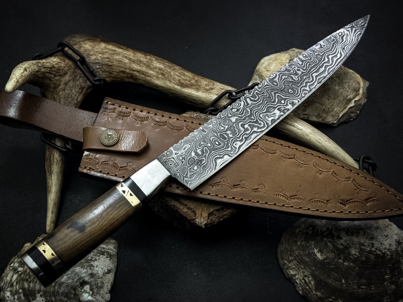 Handmade Damascus Steel Chef Knife With Wood Handle And Leather Sheath 1