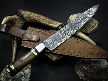 Handmade Damascus Steel Chef Knife With Wood Handle And Leather Sheath 1