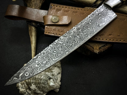 Handmade Damascus Steel Chef Knife With Wood Handle And Leather Sheath 3