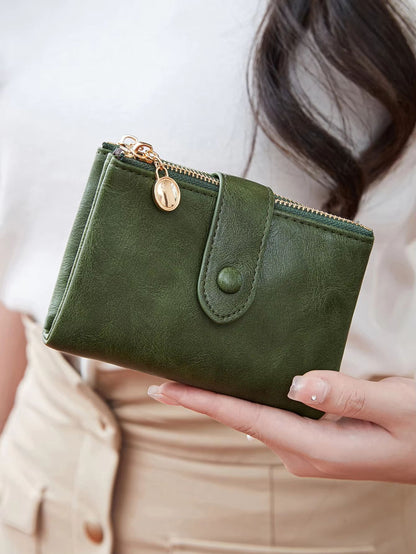 Minimalist Women's Short Wallet – Double Zipper Leather Card Holder & Coin Purse