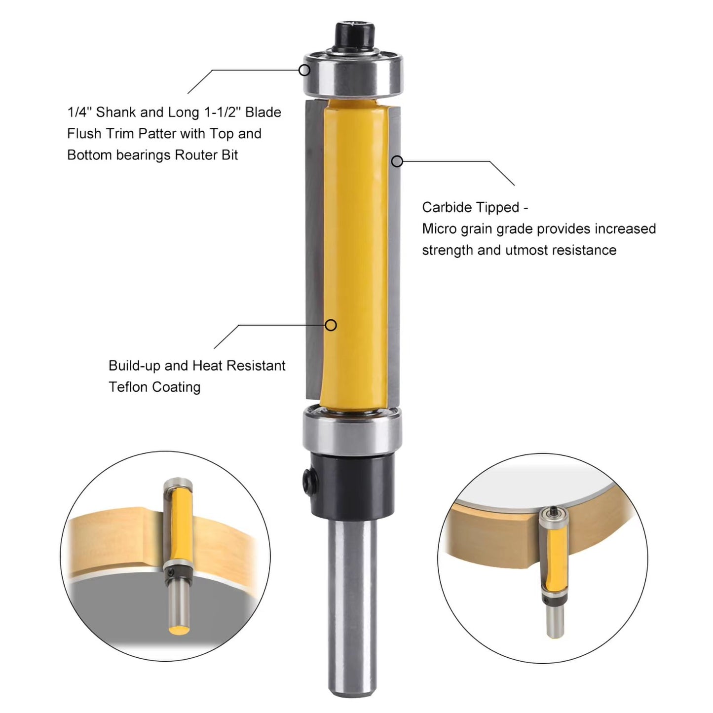 Flush Trim Router Bit with Top and Bottom Bearing – 1/4 Inch Shank Precision Woodworking Cutter