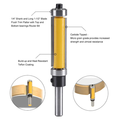 Flush Trim Router Bit with Top and Bottom Bearing – 1/4 Inch Shank Precision Woodworking Cutter