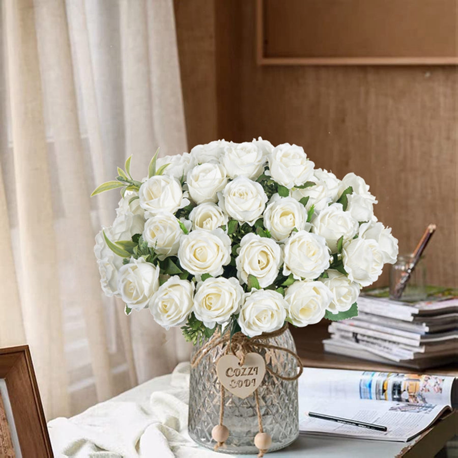 Artificial Flower White Rose Bundle, Ten Head Silk Roses for Wedding, Scrapbook, Outdoor Garden, Party, Family Room Vase