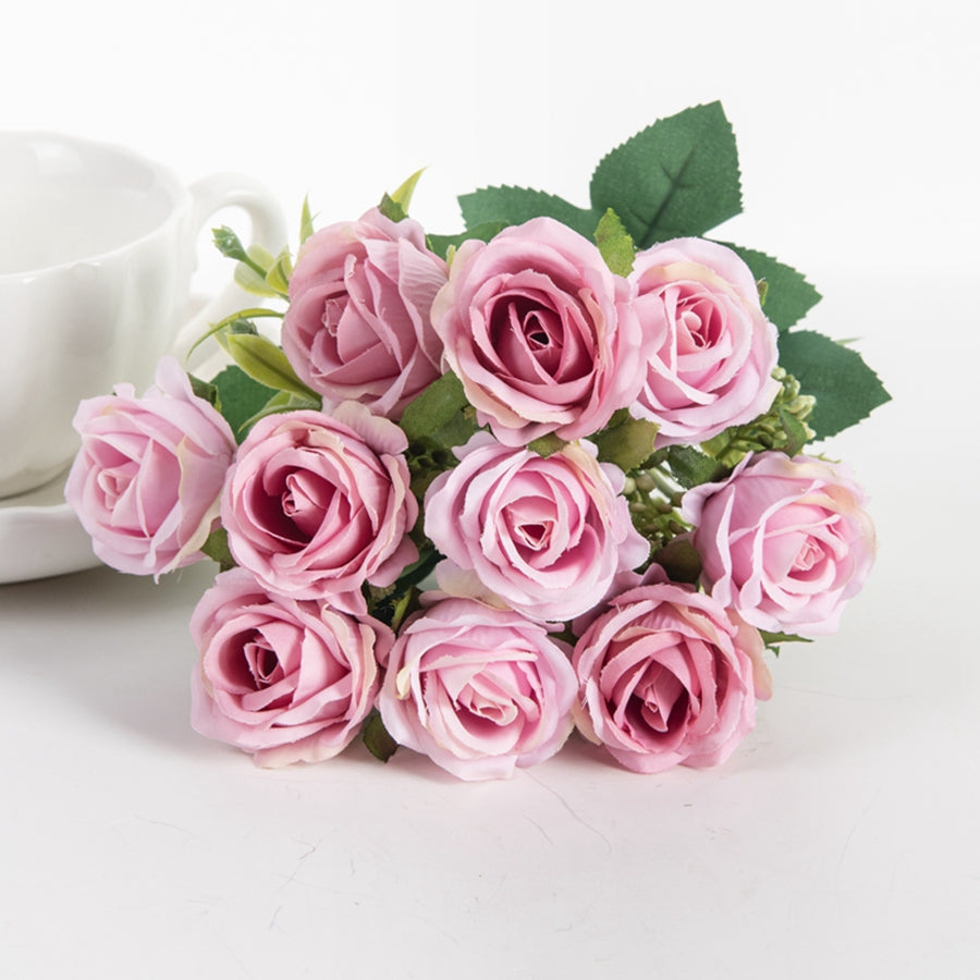 Artificial Flower White Rose Bundle, Ten Head Silk Roses for Wedding, Scrapbook, Outdoor Garden, Party, Family Room Vase