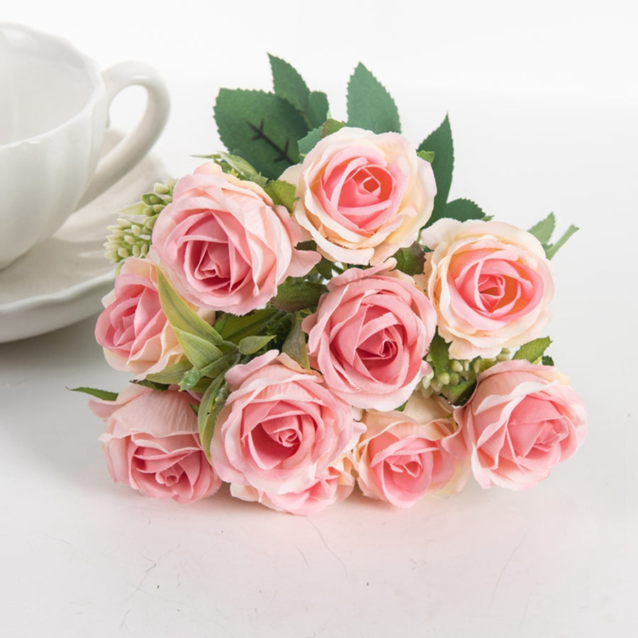 Artificial Flower White Rose Bundle, Ten Head Silk Roses for Wedding, Scrapbook, Outdoor Garden, Party, Family Room Vase