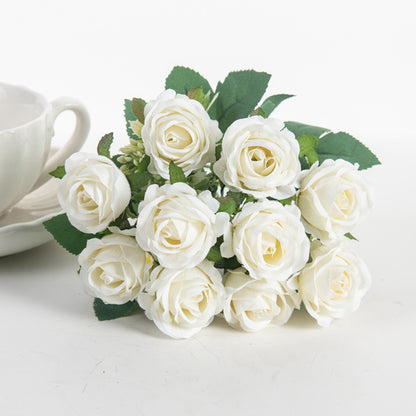 Artificial Flower White Rose Bundle, Ten Head Silk Roses for Wedding, Scrapbook, Outdoor Garden, Party, Family Room Vase