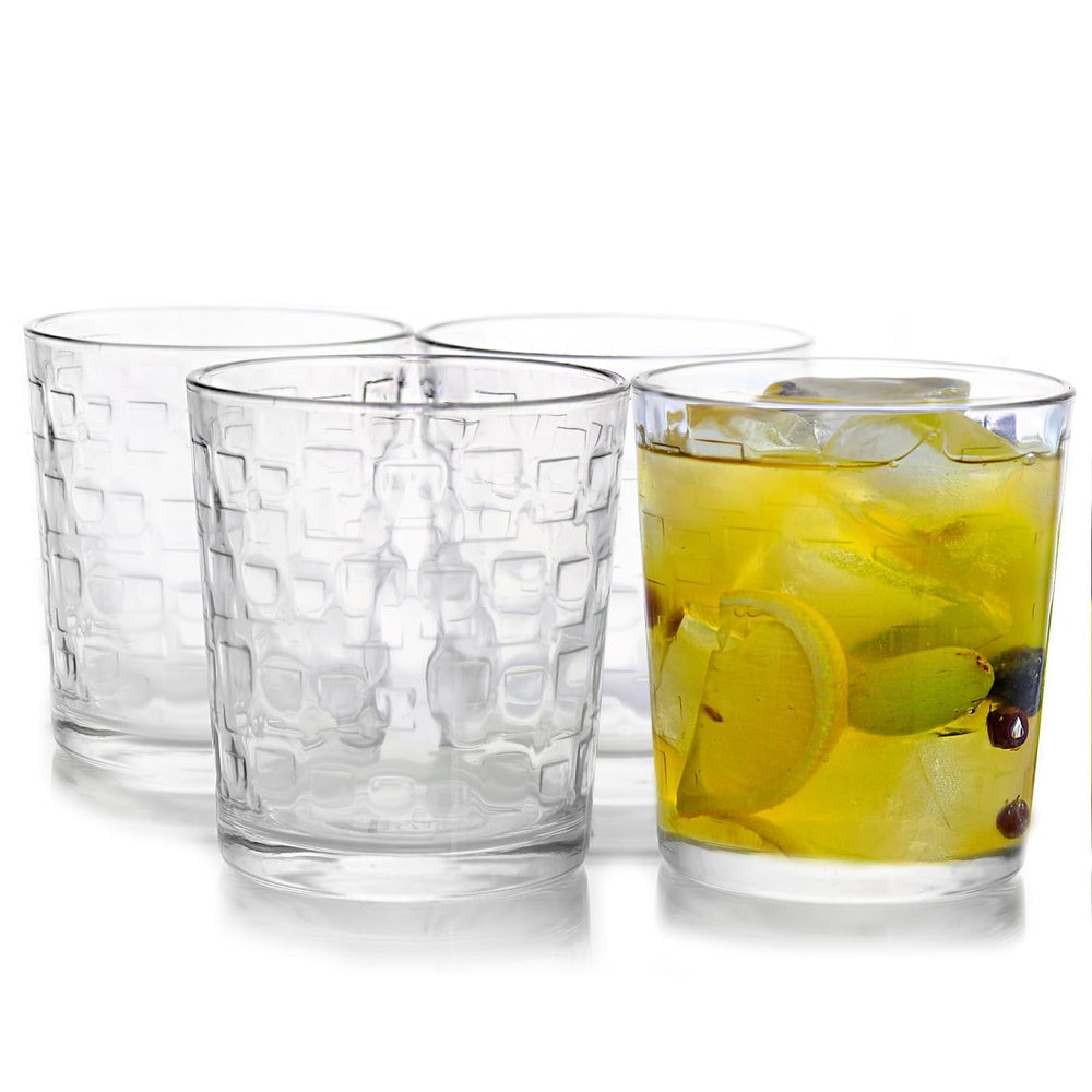 Premium 4 Piece Glass Set, Old Fashioned Tumblers, with Embossed Design, Perfect for Cocktails, Whiskey