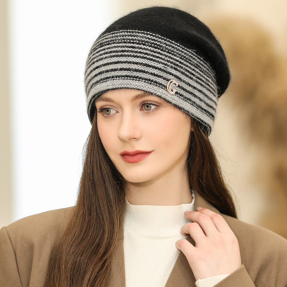 Rabbit Fur Blend Warm Beanie, Women Winter Knitted Hat, YZK G Letter Streetwear Beanie for Female.