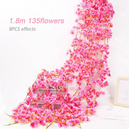 Artificial Flowers, Sakura Garland, Cherry Blossom Vine, Wedding Arch Decoration, Silk Fake Plants, Garden Backdrop